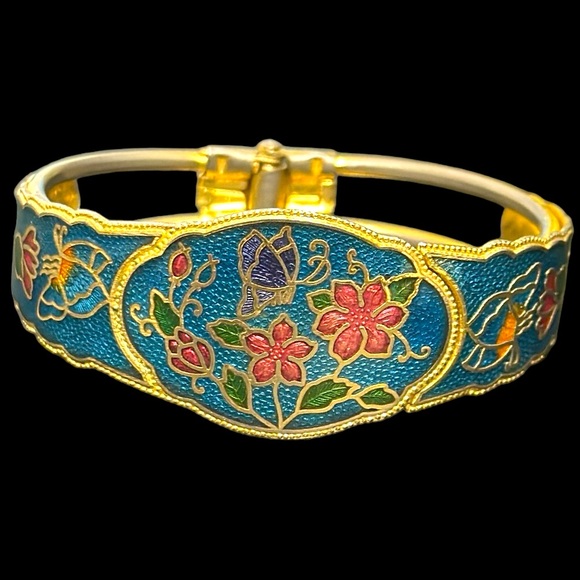 Vintage Jewelry - 🛑🛑Sold- Vintage Cloisonné Floral Butterfly Hinge Bracelet